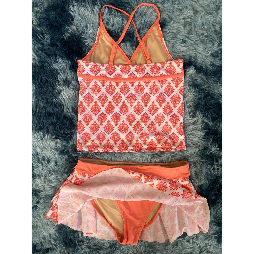Cabana Life Kids Tankini Swimsuit Skirted‎ Bottoms Orange White Size 14